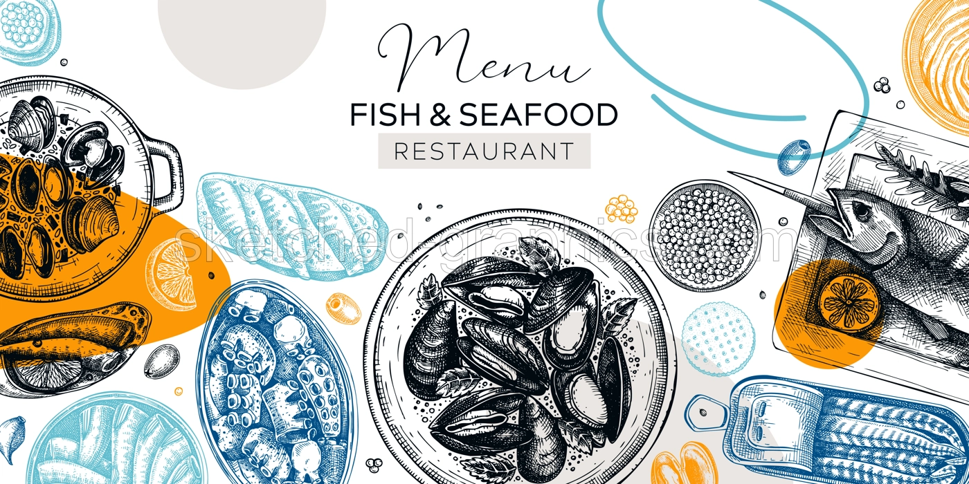Collage style seafood background. Hand-drawn mussels, oysters, caviar, grilled fish, canned fish canape sketches. Restaurant menu, finger food party banner design. Abstract and geometric shapes Illustration